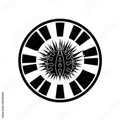 Black vector logo featuring a spiky, circular object at its center, reminiscent of a virus or starburst, enclosed within a segmented ring