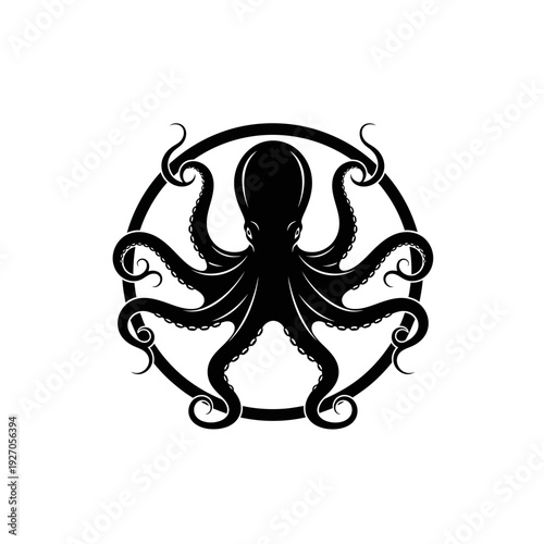 Powerful black vector logo featuring a stylized octopus design enclosed within an elegant circular frame, perfect for branding and aquatic themes