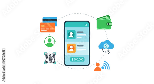 Mobile Banking Ecosystem: Digital Finance Illustration showing Smartphone App connecting Credit Cards, QR Codes, P2P Transfer, Cloud Money, and Wallet Payments.