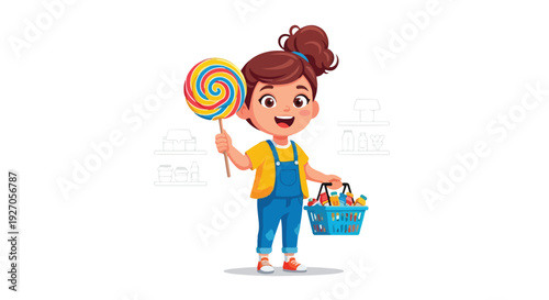 Cartoon girl holding a large lollipop and a basket of candy against a white background with colorful sweets and a playful mood.
