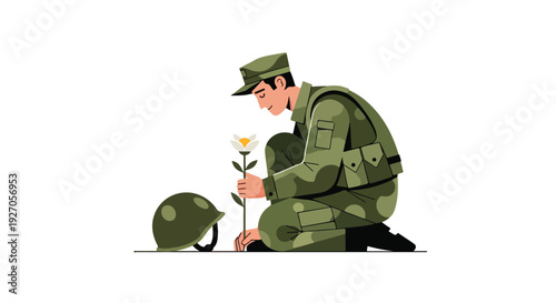 A soldier in green camouflage kneels on a white background, holding a flower near his helmet.
