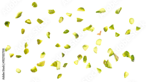 Pistachios chopped pattern isolated on white background, top view