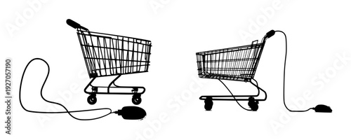A shopping cart and mouse in silhouette, connected by a cord
