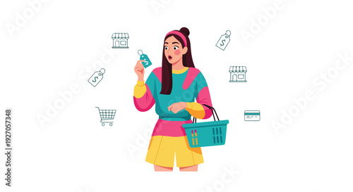 A cheerful woman holding a smartphone and shopping basket with various shopping icons floating around her on a white background with a vibrant and playful mood.