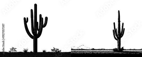 Silhouette of a tall saguaro cactus with multiple arms standi ng in the desert