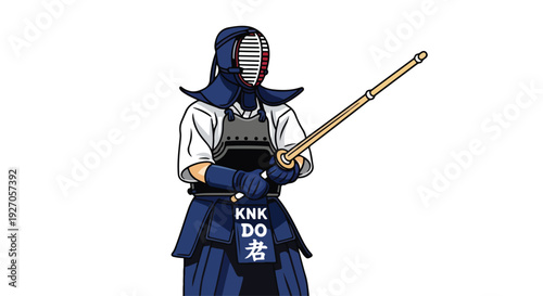 Illustration of a kendo fighter wearing protective gear and holding a shinai in a ready stance against a plain white background.