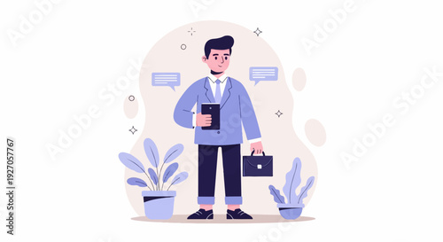 A man in a suit stands holding a tablet and a briefcase