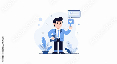 A smiling person in a suit holds a tablet and a heart icon, with plants