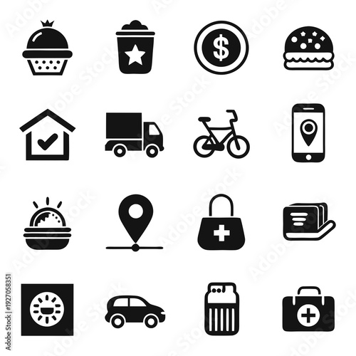 Monochrome icons representing various services and everyday objects
