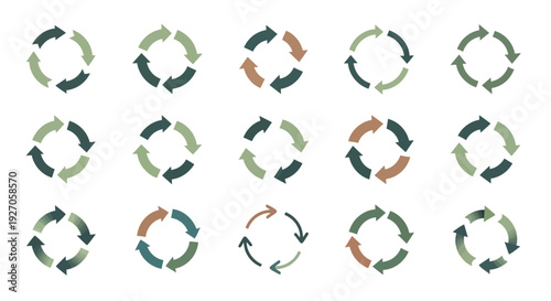 Circular arrow cycle icons set. Refresh, loop, process, and rotation symbols collection.