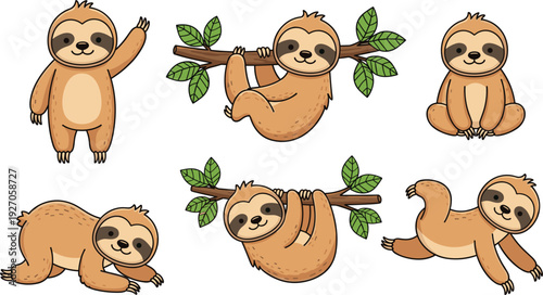 Cute Cartoon Sloths Hanging from Branches with Different Poses Illustration
