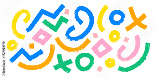 Colorful abstract shapes and lines in a playful hand drawn style