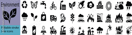 Black And White Environment Icon Set Featuring Ecology Conservation Natural Disasters Climate Change And Sustainability