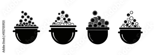 Black cauldron filled with bubbling potion, a set of four magical brewing icons