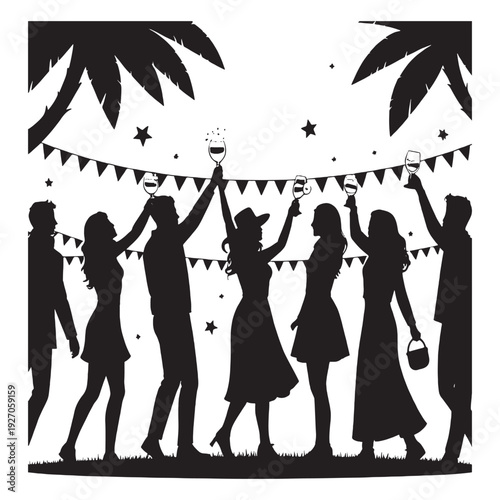 Group of friends celebrating outdoors with festive decorations People celebrating with raised hands under festive bunting and stars