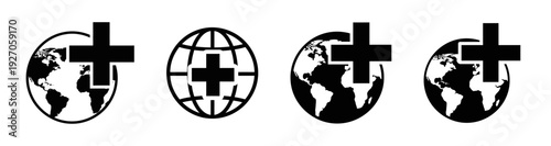Set of diverse globe icons with a plus sign, representing global addition, worldwide connectivity, and international expansion concepts, perfect for digital interfaces and web design