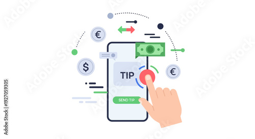 Digital Tip Payment App Concept. Hand sending money via smartphone interface. Online gratitude, mobile finance, and micropayment transaction vector illustration.