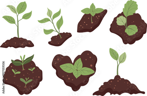 A collection of handfuls of soil with young sprouts A flat illustration perfect for gardening, nature or lifestyle themes.