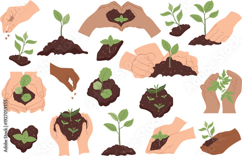 Vector collection of hands holding a small sprout growing in a handful of soil and hands planting seeds. A flat illustration perfect for gardening, nature or lifestyle themes.