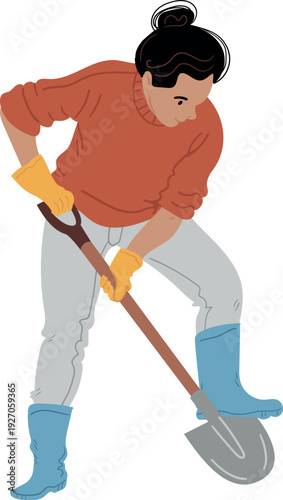 Vector image of a woman digging with a shovel. A flat illustration perfect for gardening, nature, or lifestyle themes.