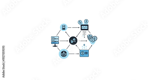 Financial Data Flow Chart and Transaction Processing Cycle. Technology infrastructure and revenue analytics diagram.