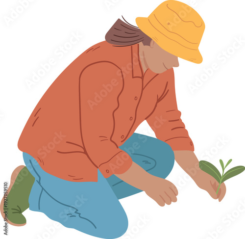 Vector background of a woman planting seedlings. A flat illustration perfect for gardening, nature, or lifestyle themes.