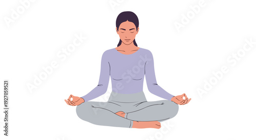 Serene woman meditating in lotus position with eyes closed on white background in pastel purple and gray tones.