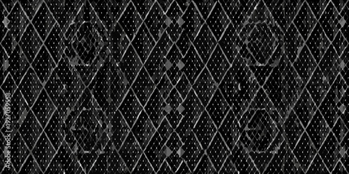 Abstract black and white diamond pattern with faint floral imagery