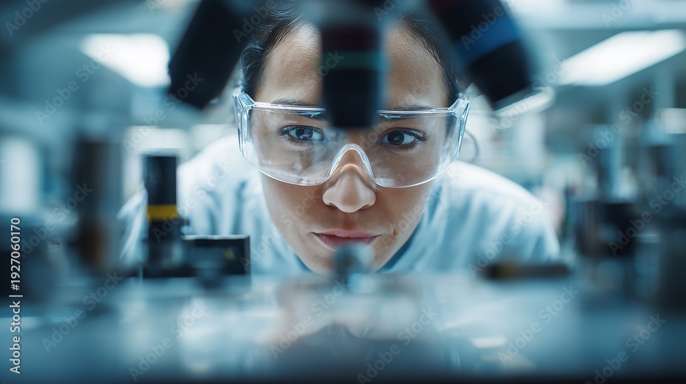 Fototapeta premium Scientist examines samples under microscope in laboratory setting during daytime research session