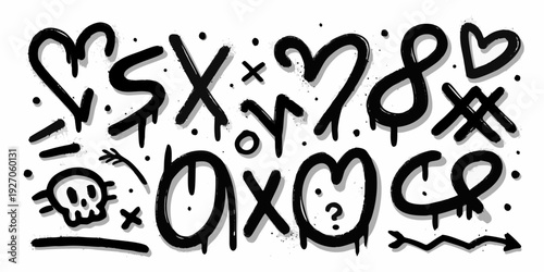 Bold black graffiti art featuring letters hearts and abstract symbols