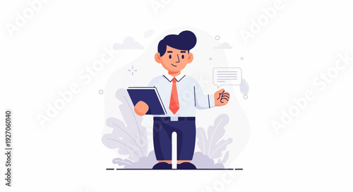 Cheerful businessman holding document with speech bubble and plant decor
