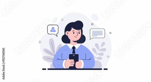 A woman in a blue collared shirt and tie holds a phone, with message bubbles and stylized plants