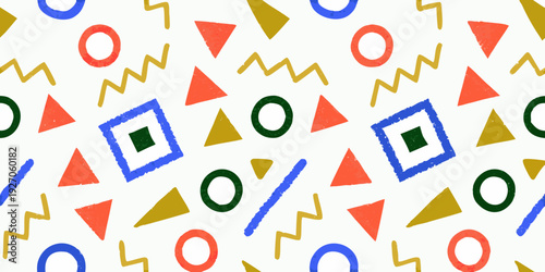 Colorful geometric shapes scattered across a bright white background