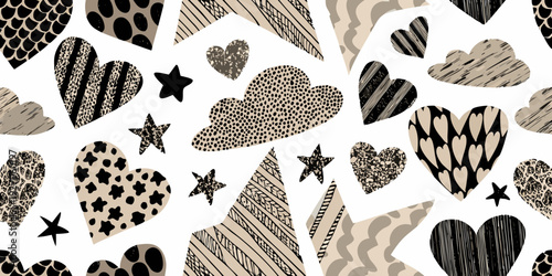 Abstract pattern of hearts stars and clouds in varying textures