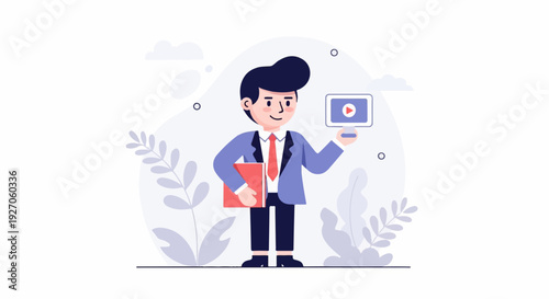 A man in a suit holds a tablet and a folder, with stylized plants and clouds in background