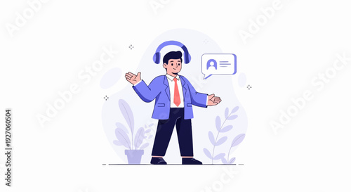 A man in a blue suit, red tie, and headphones, with a speech bubble, gestures warmly