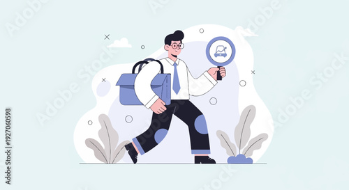 A man in a suit walks with a briefcase and magnifying glass looking for something