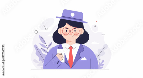 Stylized person in a hat, suit, and tie, holding a card
