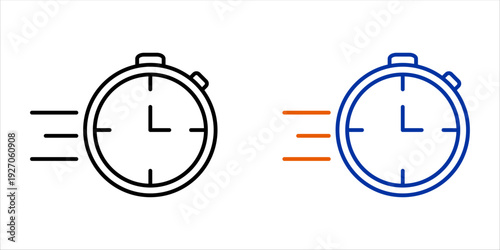 Fast delivery stopwatch icon set. Line art timer symbol with motion speed lines for quick service, countdown, and productivity concept.