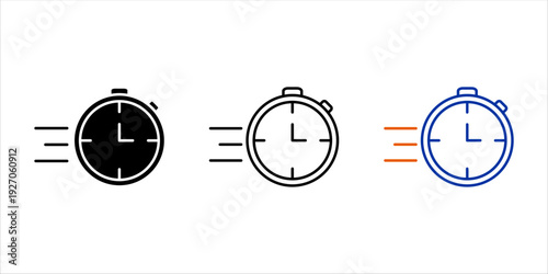 Set of stopwatch and speed timer icons in solid, outline, and color line style. Concept of fast delivery, deadline, quick service, and time management.