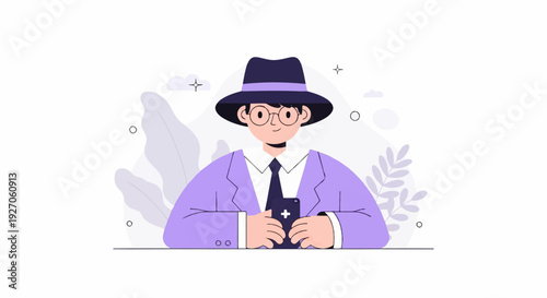A person in a purple suit and hat holds a phone, with stylized plants in the background