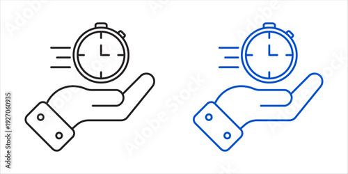 Hand holding fast stopwatch icon for quick delivery or express service concept.