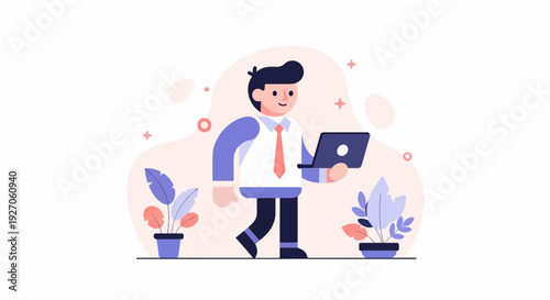 A man in formal attire walks with a laptop, flanked by potted plants