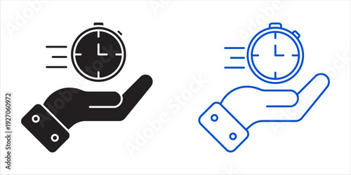Hand holding stopwatch icon, concept of fast delivery, time management, and quick service. Vector illustration in solid and line styles.
