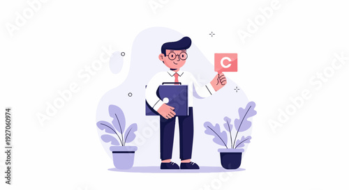 Animated businessman holding briefcase and presenting a sign with the letter C