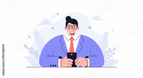 A person in a suit and tie holding a smartphone, surrounded by stylized plants and clouds