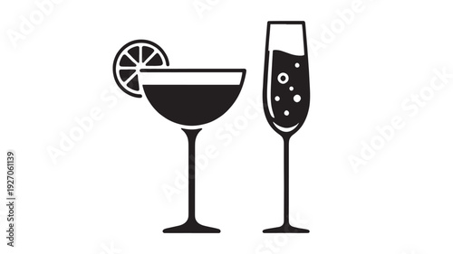 Minimalist Black Vector Silhouette of a Martini Cocktail and Sparkling Champagne Glass Isolated on White Background