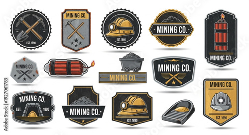 Collection of vintage mining company badges and emblems for design purposes.