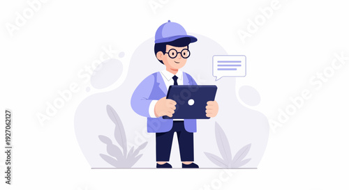 Young man in cap and glasses holding a tablet with a speech bubble above him