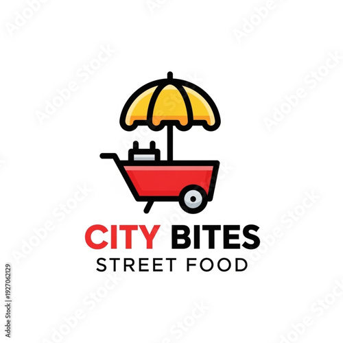 City Bites Street Food Logo Design with Food Cart and Yellow Umbrella Icon on White Background